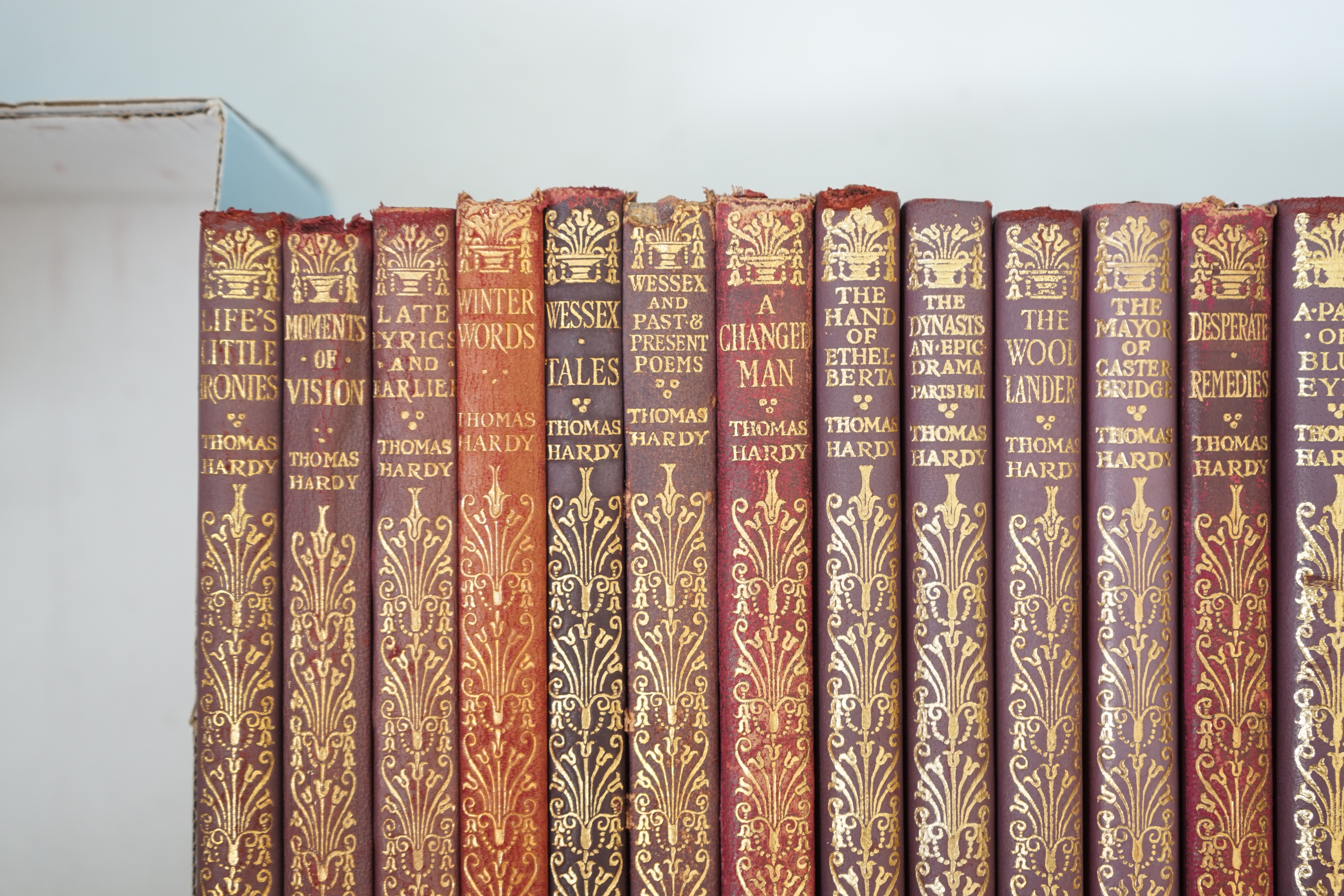 Hardy, Thomas - The Works, a harlequin pocket set edition of 17 vols, 12mo, in red leather gilt bindings, Macmillan and Co., London, 1925- 1941